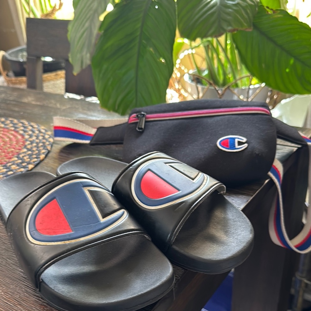 Champion Black Slides and Fanny pack Bag Combo